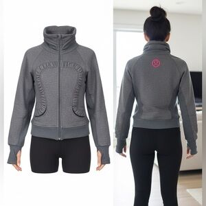 Vintage Rare Gem Lululemon In Stride Full Zip Ruffle Jacket Grey Pink Logo